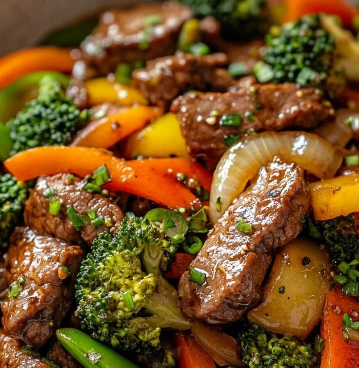 A colorful beef stir-fry with fresh vegetables in a sizzling pan.