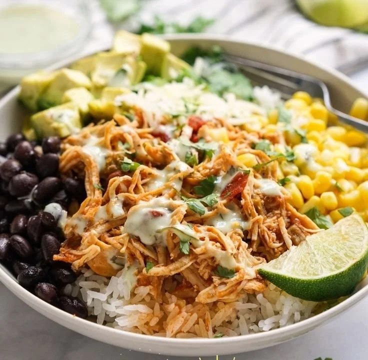 Delicious chicken burrito bowl with fresh ingredients and vibrant colors