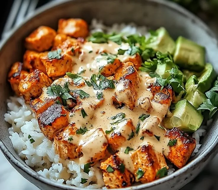 Coconut Chicken Rice Bowl with fresh herbs and colorful vegetables