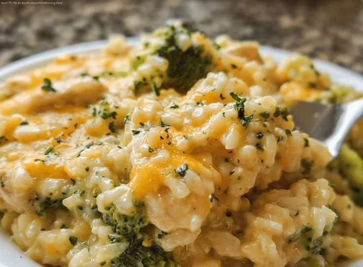 Crockpot cheesy chicken with broccoli and rice dish in a bowl