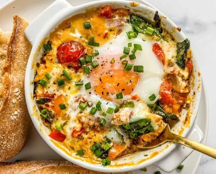 Feta egg bake topped with tomatoes and spinach, served warm in a baking dish.