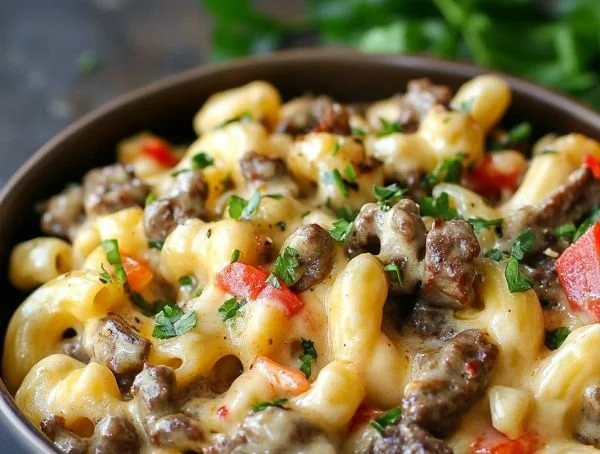 High-protein creamy Philly cheesesteak mac and cheese served in a bowl