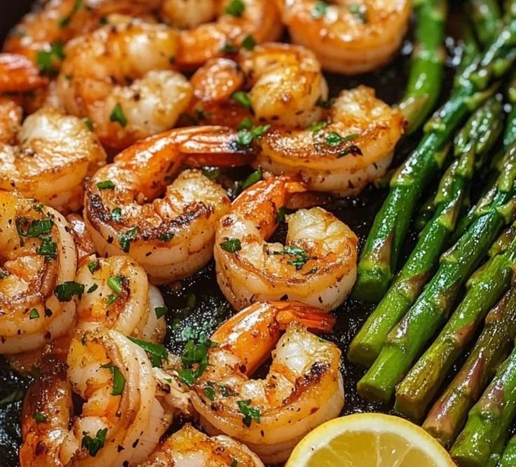 Plate of lemon garlic shrimp with asparagus garnished with herbs