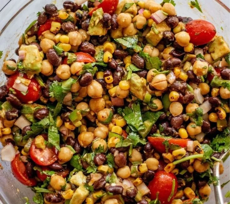 Colorful Southwest Chickpea and Black Bean Salad with fresh vegetables