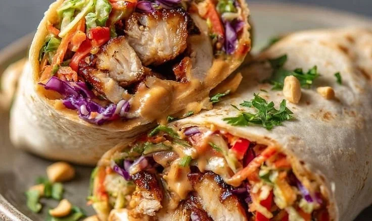 Delicious Thai Chicken Wrap with crunchy slaw garnished with herbs
