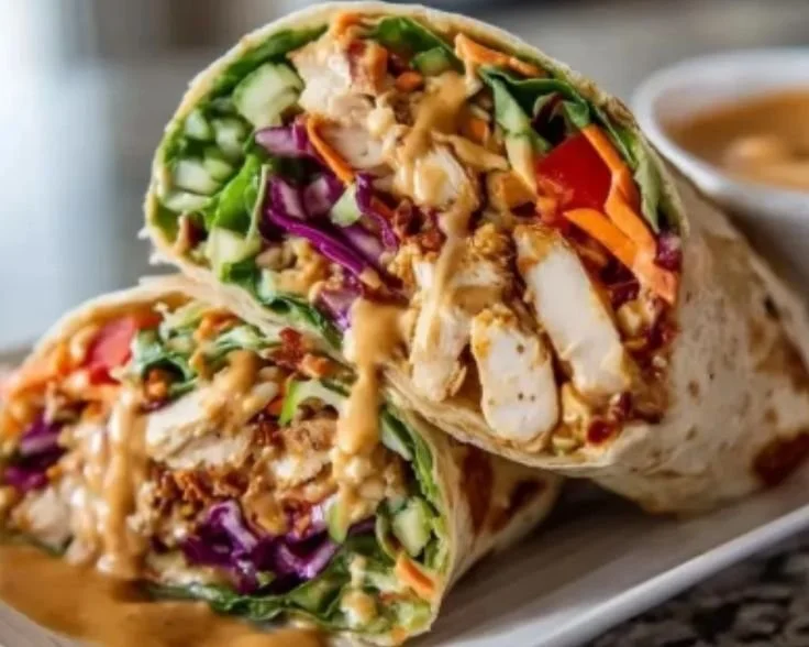 Fresh Thai Peanut Chicken Wraps with colorful vegetables and herbs