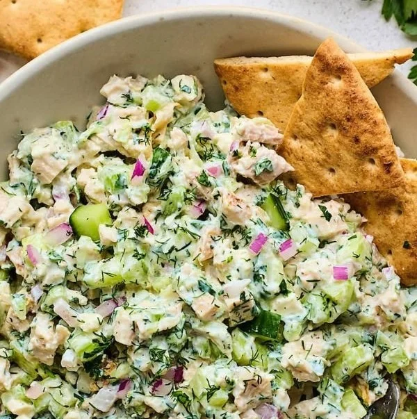 Tzatziki Chicken Salad with creamy dressing and fresh vegetables